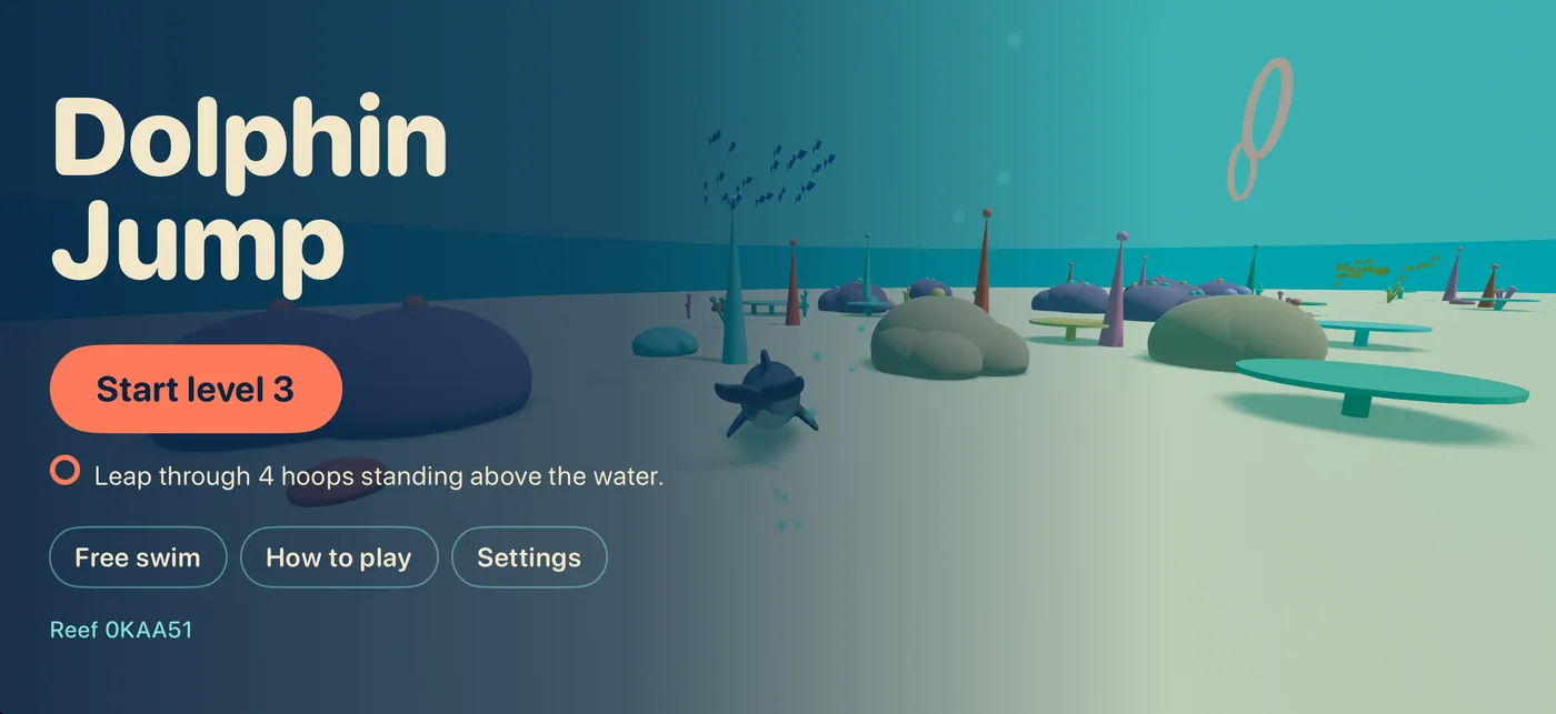 The title screen: Dolphin Jump, Start level 3, with the reef and a hoop behind it